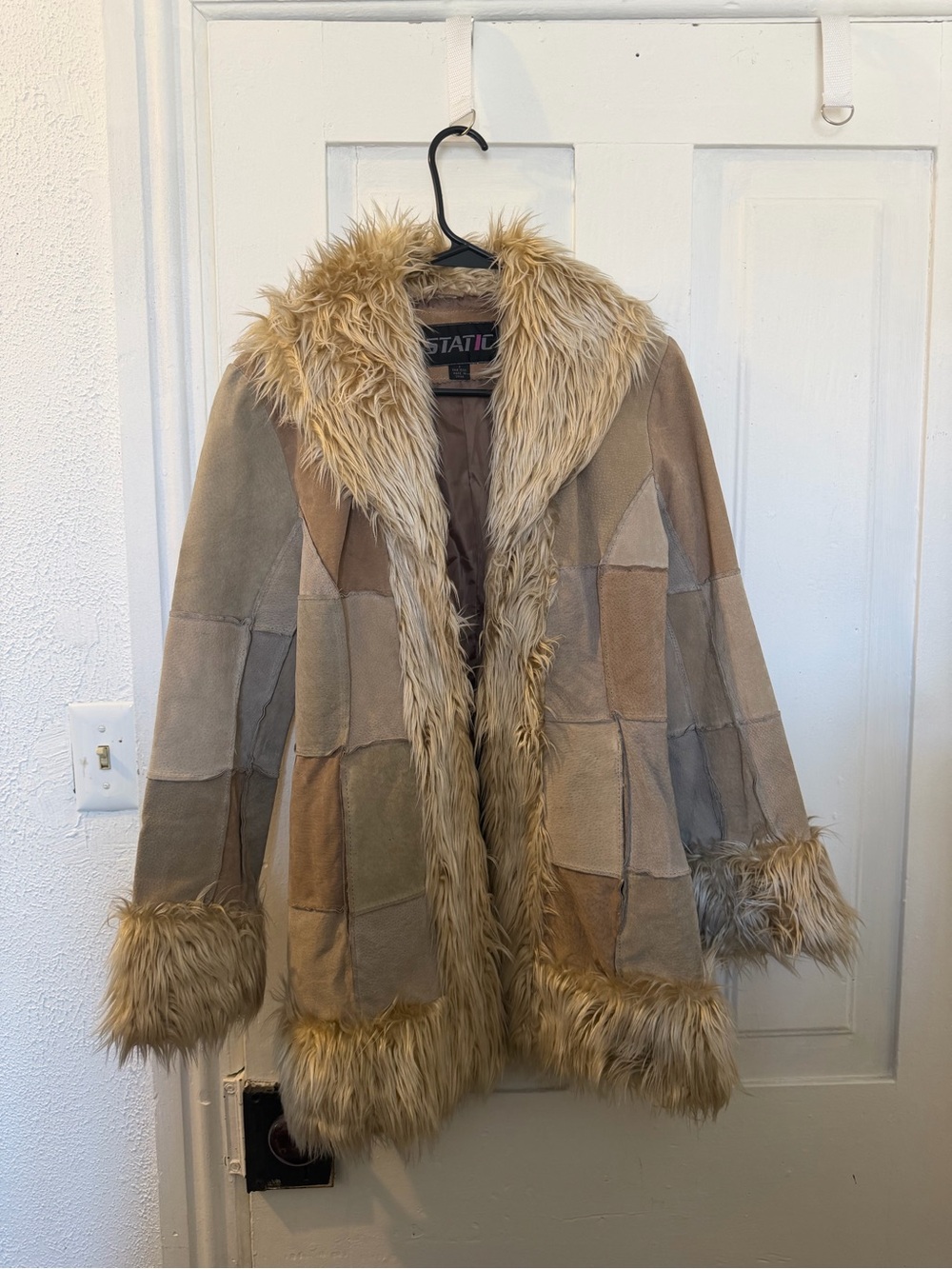 Retro Penny Lane Style Patchwork Faux Shearling Hooded Coat - Tan